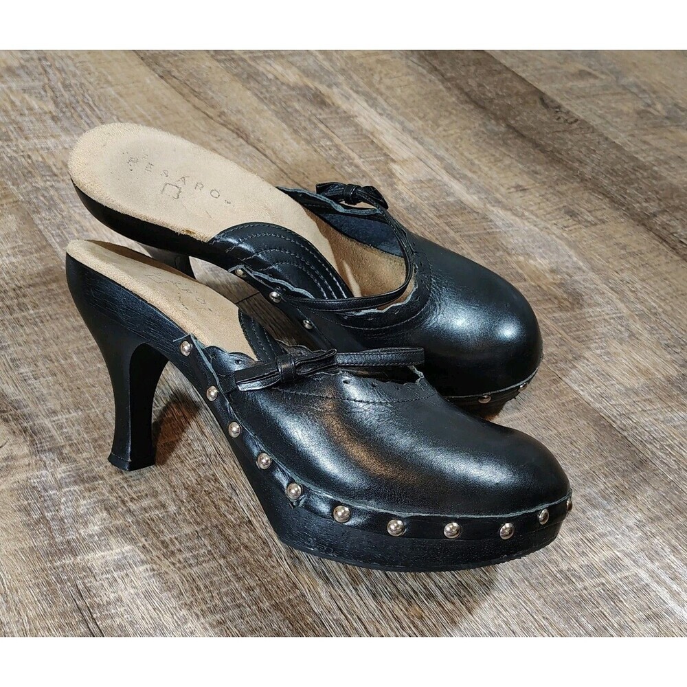Pesaro Cutsy Black Leather Studded Mules Clogs Scalloped Bow Heel Y2K Shoes Sz 8